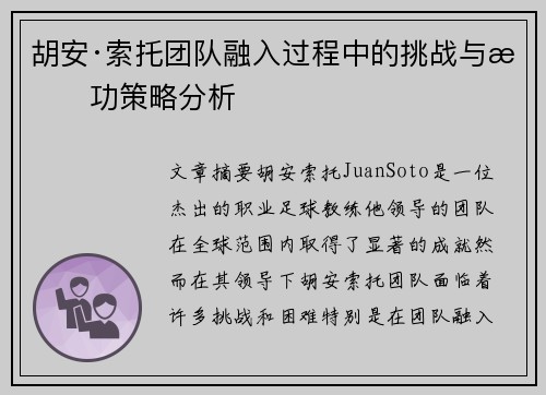 胡安·索托团队融入过程中的挑战与成功策略分析